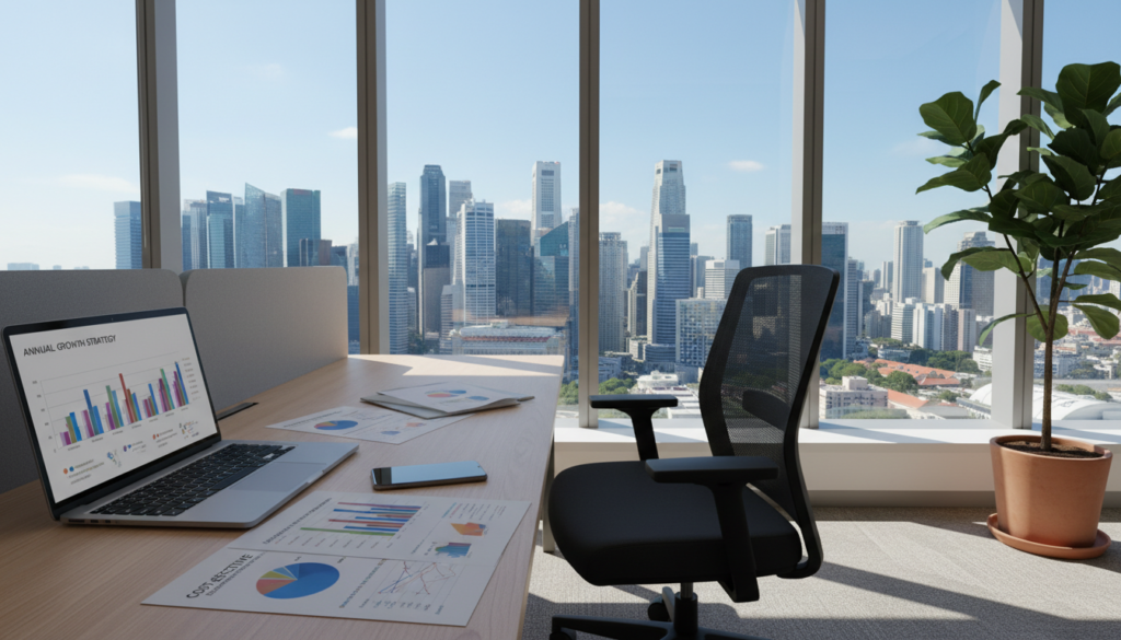 A photorealistic image depicting a modern virtual office environment, focusing on a sleek, organized workspace. In the foreground, a stylish desk with a high-end laptop, a smartphone, and neatly arranged documents featuring graphs and charts illustrating an annual plan. The middle ground includes an office chair and a window showing a city skyline of Singapore with clear skies, symbolizing modernity and opportunity. In the background, a vibrant indoor plant adds a touch of nature. The lighting is bright and natural, filtered through the window, creating an inviting and productive atmosphere. The mood is professional yet accessible, highlighting the benefits of choosing an annual virtual office plan for cost-effective solutions. A photorealistic image depicting a modern virtual office environment, focusing on a sleek, organized workspace. In the foreground, a stylish desk with a high-end laptop, a smartphone, and neatly arranged documents featuring graphs and charts illustrating an annual plan. The middle ground includes an office chair and a window showing a city skyline of Singapore with clear skies, symbolizing modernity and opportunity. In the background, a vibrant indoor plant adds a touch of nature. The lighting is bright and natural, filtered through the window, creating an inviting and productive atmosphere. The mood is professional yet accessible, highlighting the benefits of choosing an annual virtual office plan for cost-effective solutions.