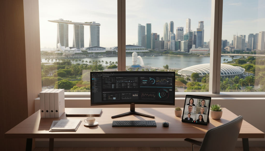 A photorealistic image depicting a modern virtual office setting in Singapore, showcasing a sleek and stylish workstation in the foreground, complete with a high-end computer, organized documents, and a digital tablet displaying a video call. The middle of the scene features a large window with a stunning view of Singapore's skyline, capturing iconic landmarks such as the Marina Bay Sands and the Merlion. The background includes lush greenery typical of the area, suggesting a vibrant urban environment. The lighting is bright and natural, creating an inviting and productive atmosphere. Capture the scene from a slightly elevated angle, emphasizing the workspace while ensuring the cityscape is prominently visible. The mood is professional yet innovative, reflecting the essence of a modern business presence. A photorealistic image depicting a modern virtual office setting in Singapore, showcasing a sleek and stylish workstation in the foreground, complete with a high-end computer, organized documents, and a digital tablet displaying a video call. The middle of the scene features a large window with a stunning view of Singapore's skyline, capturing iconic landmarks such as the Marina Bay Sands and the Merlion. The background includes lush greenery typical of the area, suggesting a vibrant urban environment. The lighting is bright and natural, creating an inviting and productive atmosphere. Capture the scene from a slightly elevated angle, emphasizing the workspace while ensuring the cityscape is prominently visible. The mood is professional yet innovative, reflecting the essence of a modern business presence.