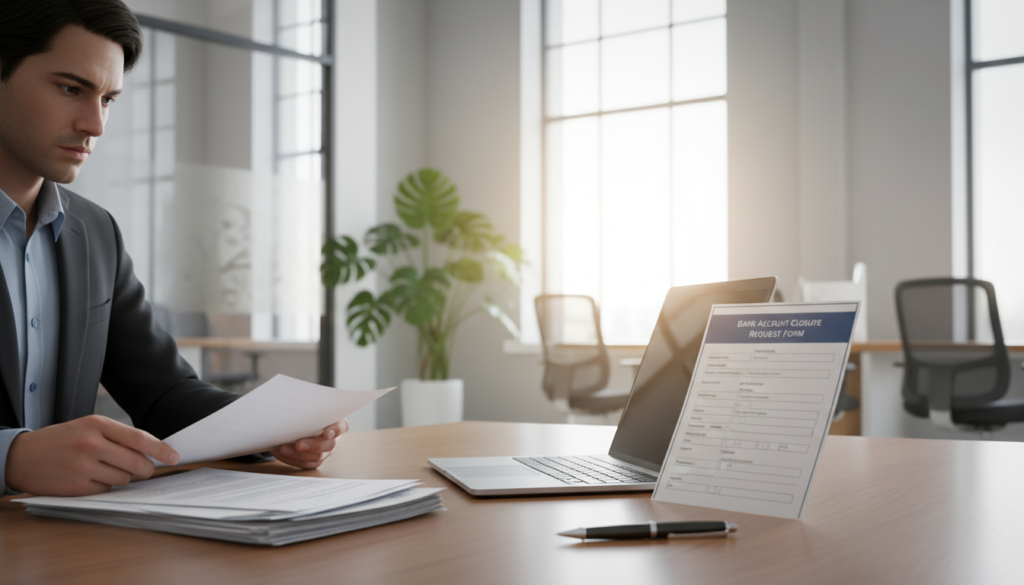 A photorealistic image depicting a professional bank setting focused on the process of closing a bank account. In the foreground, a well-dressed individual in business attire sits at a polished wooden desk, reviewing paperwork with a focused expression. In the middle ground, an open bank account closure form leans against a sleek laptop, with a pen poised nearby, indicating readiness to complete the process. The background features warm lighting illuminating the modern bank interior with large windows, soft sunlight streaming in, and a green potted plant adding a touch of tranquility. The atmosphere conveys a sense of professionalism and calm, emphasizing the importance of a clean and organized account closure procedure.