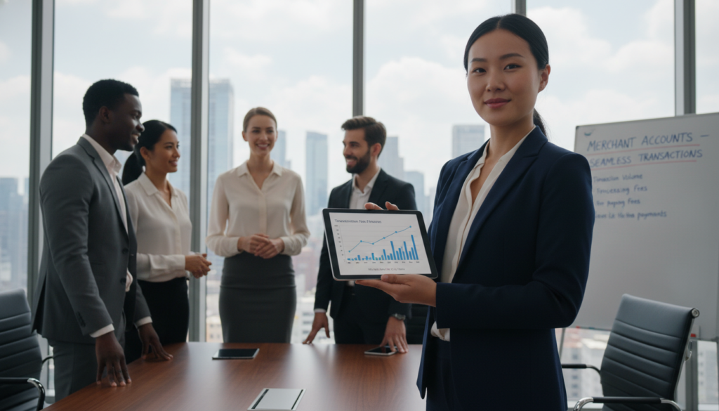 A photorealistic image depicting a professional office setting where a diverse group of businesspeople are engaged in a discussion about merchant accounts. In the foreground, a confident Asian woman in professional attire holds a tablet showing charts and graphs related to card payment processing. In the middle, a cheerful multi-ethnic group listens attentively, featuring a Black man and a Caucasian woman, all dressed in smart business clothing, reflecting teamwork and collaboration. The background showcases modern office elements, including a large window with city views and sleek furniture. Soft, natural light filters through the window, creating a warm atmosphere. This image captures the importance of merchant accounts in enabling smooth card transactions.
