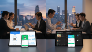 A photorealistic image depicting a side-by-side comparison of leading digital payment platforms in Singapore, ideal for remote-first business operations. In the foreground, place sleek digital devices displaying user-friendly interface designs of various payment apps, such as wallets and transaction platforms. The middle ground shows a blurred office environment with professionals in business attire, analyzing data on laptops and tablets. In the background, view Singapore's iconic skyline subtly illuminated during twilight, symbolizing a modern, tech-savvy financial landscape. The lighting is warm and inviting, creating an atmosphere of innovation and efficiency. Use a slight depth of field to emphasize the devices while keeping the professionals and the skyline in soft focus.