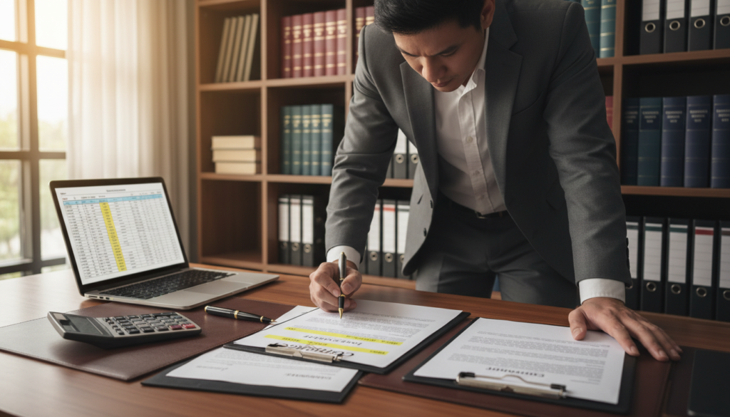 A photorealistic image depicting a well-organized office setting, focusing on a wooden desk covered with legal documents and a contract highlighted around mandatory clauses, including sections for the name, registered office, liability clause, subscriber clause, and shares. In the foreground, a professional businessperson in formal attire, reviewing the documents with a look of concentration. The middle section features an open laptop displaying a spreadsheet, symbolizing financial details, alongside a pen and a calculator. In the background, shelves filled with books on corporate law and company regulations. The lighting is soft and warm, creating an inviting atmosphere conducive to productive work. The angle is slightly elevated, offering a comprehensive view of the desk and surroundings.