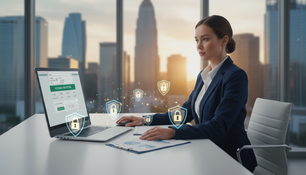 A photorealistic image depicting bank account protection in a modern office setting. In the foreground, a confident business professional in tailored attire is attentively reviewing financial documents with a laptop open, displaying a secure bank interface. In the middle ground, shield icons and digital lock symbols are subtly overlaid on the desk, symbolizing security and protection of personal information. The background features a sleek virtual office window overlooking a city skyline, bathed in warm, natural light that creates a sense of safety and vigilance. The atmosphere is focused and professional, conveying the importance of safeguarding financial assets during virtual office setups.
