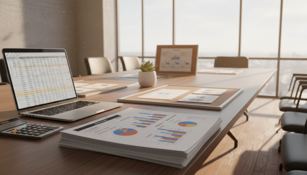 A photorealistic image depicting financial statements in a professional office setting. In the foreground, a neatly organized stack of documents showing graphs, charts, and numerical figures representing revenue, total assets, and employee counts. Beside the documents, a sleek calculator and a laptop with an open spreadsheet can be seen. In the middle ground, a conference table with a few charts pinned on a corkboard and a potted plant adding a touch of greenery, creating a professional ambiance. The background features a large window allowing natural light to flood the room, casting soft shadows, creating a productive and focused atmosphere. The entire scene should exude professionalism and attention to detail, suitable for a financial analysis context.