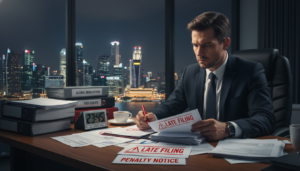 A photorealistic image depicting the theme of penalties for late or inaccurate filings in a business context. In the foreground, a stern-looking business professional in formal attire reviews a pile of documents marked with red 'late' stamps and warning symbols. The middle layer features an office environment with a desk cluttered with filing paperwork, compliance manuals, and a clock showing late hours. In the background, a large window reveals the skyline of Singapore, suggesting a sense of urgency and seriousness. The lighting is bright yet dramatic, highlighting the tension in the scene while casting shadows that evoke a mood of concern and consequence, emphasizing the importance of compliance in business.