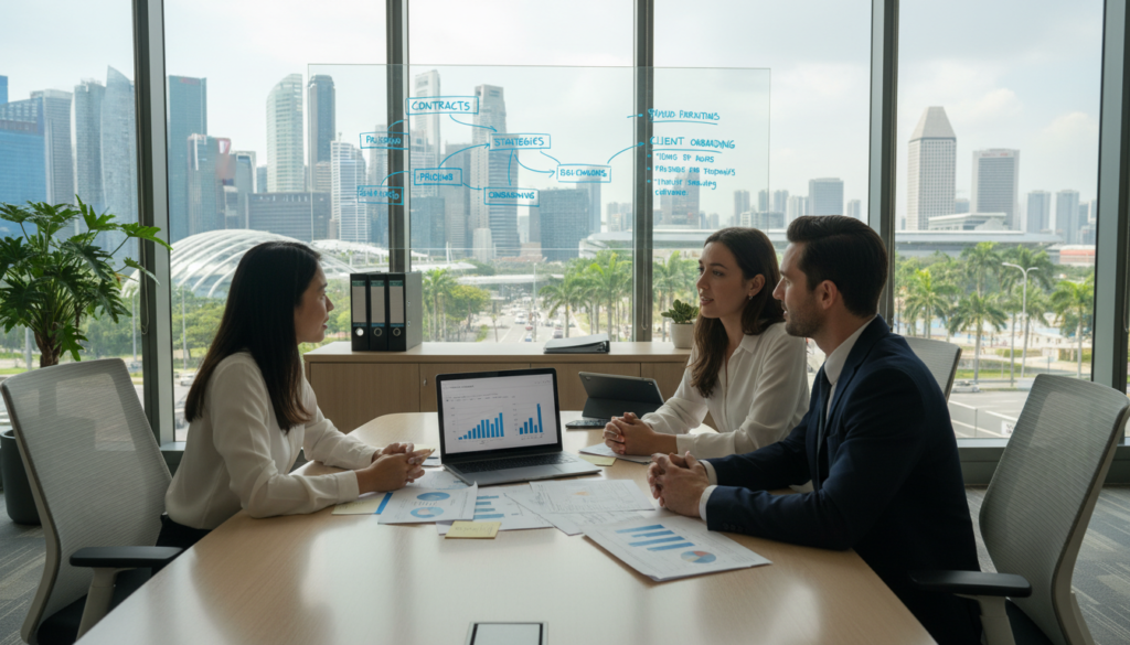 A photorealistic image depicting various engagement options for sales operations in a modern Singaporean office setting. In the foreground, a diverse group of three professionals in business attire (a Southeast Asian woman, a Caucasian man, and an Indian woman) are engaged in a discussion around a sleek conference table, with a laptop open displaying graphs and charts. In the middle ground, office elements like a whiteboard with diagrams of contracts and pricing strategies, and documents scattered on the table. The background features a large window showing a vibrant Singapore skyline with iconic buildings under natural daylight, creating a bright and optimistic atmosphere. The lighting is soft and warm, enhancing the collaborative mood of the scene. A photorealistic image depicting various engagement options for sales operations in a modern Singaporean office setting. In the foreground, a diverse group of three professionals in business attire (a Southeast Asian woman, a Caucasian man, and an Indian woman) are engaged in a discussion around a sleek conference table, with a laptop open displaying graphs and charts. In the middle ground, office elements like a whiteboard with diagrams of contracts and pricing strategies, and documents scattered on the table. The background features a large window showing a vibrant Singapore skyline with iconic buildings under natural daylight, creating a bright and optimistic atmosphere. The lighting is soft and warm, enhancing the collaborative mood of the scene.