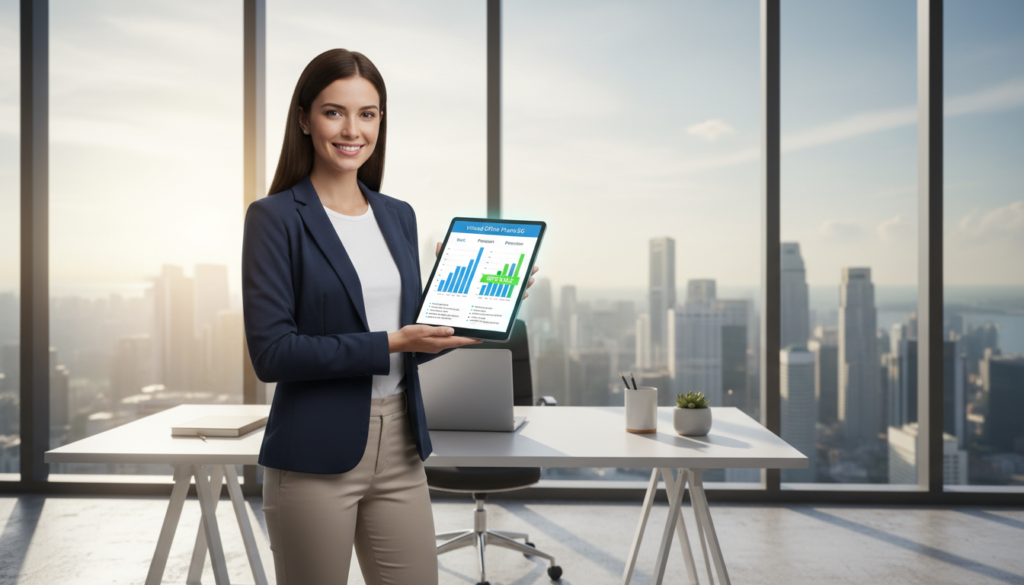 A photorealistic image illustrating a cheerful business professional, dressed in smart casual attire, standing in a modern office space. In the foreground, a digital display on a sleek tablet shows a clear cost comparison chart with various monthly plans and packages being highlighted. The middle ground features a stylish desk with office supplies and a laptop, while a large window in the background lets in soft natural light, illuminating the room and creating a warm, inviting atmosphere. The overall mood conveys transparency and reliability, emphasizing the best-value packages offered in the virtual office market in Singapore. The angle showcases both the professional and the technological elements harmoniously. A photorealistic image illustrating a cheerful business professional, dressed in smart casual attire, standing in a modern office space. In the foreground, a digital display on a sleek tablet shows a clear cost comparison chart with various monthly plans and packages being highlighted. The middle ground features a stylish desk with office supplies and a laptop, while a large window in the background lets in soft natural light, illuminating the room and creating a warm, inviting atmosphere. The overall mood conveys transparency and reliability, emphasizing the best-value packages offered in the virtual office market in Singapore. The angle showcases both the professional and the technological elements harmoniously.
