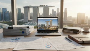 A photorealistic image illustrating documents essential for establishing a representative office in Singapore. In the foreground, a neatly organized desk features important papers such as application forms, financial statements, and compliance guides, all elegantly arranged. The middle ground showcases a laptop open to a business website with a Singapore skyline wallpaper, hinting at the geographical context. Behind the desk, a subtle backdrop of an office window reveals the iconic Marina Bay Sands and skyline of Singapore, bathed in warm, natural sunlight. The atmosphere is professional and focused, embodying a sense of diligence and ambition. The lighting is soft yet illuminating, casting gentle shadows that enhance the details, creating an inviting yet serious mood appropriate for corporate discussions.