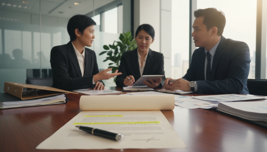 A photorealistic image illustrating key clauses in a Singapore shareholders agreement. In the foreground, feature a polished wooden table scattered with neatly organized documents and a sleek pen, symbolizing professionalism. Include a close-up of a partially unrolled scroll or contract with highlighted sections, representing important clauses. In the middle ground, depict a diverse group of three business professionals, a male and two females, dressed in formal business attire, engaged in discussion. They should be gesturing toward the documents, exuding a sense of collaboration and focus. The background should consist of a modern office environment, with glass walls, plants, and natural light streaming in, creating a bright, professional atmosphere. Capture this scene from a slight angle, utilizing soft lighting to enhance clarity and warmth. A photorealistic image illustrating key clauses in a Singapore shareholders agreement. In the foreground, feature a polished wooden table scattered with neatly organized documents and a sleek pen, symbolizing professionalism. Include a close-up of a partially unrolled scroll or contract with highlighted sections, representing important clauses. In the middle ground, depict a diverse group of three business professionals, a male and two females, dressed in formal business attire, engaged in discussion. They should be gesturing toward the documents, exuding a sense of collaboration and focus. The background should consist of a modern office environment, with glass walls, plants, and natural light streaming in, creating a bright, professional atmosphere. Capture this scene from a slight angle, utilizing soft lighting to enhance clarity and warmth.
