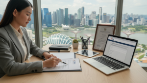 A photorealistic image illustrating the concept of business registration in Singapore. In the foreground, a professional businesswoman in smart attire is seated at a modern office desk, reviewing paperwork and a laptop displaying a registration form. The middle layer features a neatly organized desktop with a potted plant and essential stationery, alongside an official Singapore business registration certificate. In the background, a large window reveals a panoramic view of Singapore's skyline, symbolizing a vibrant business environment. The light is bright and inviting, suggesting a productive atmosphere. The angle is slightly above the desk, capturing the details of the scene while emphasizing the focus on business registration essentials.