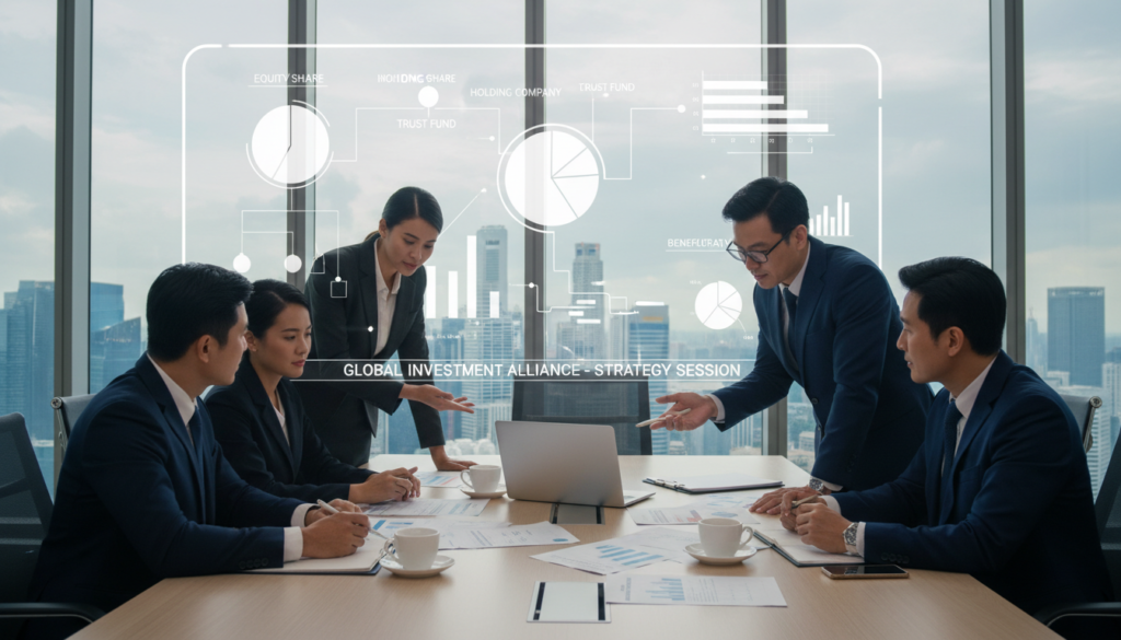 A photorealistic image illustrating the concept of structuring investment ownership in a modern office setting. In the foreground, a diverse group of business professionals in formal attire are engaged in a collaborative discussion around a large conference table, with financial documents and a laptop open in front of them. The middle ground features a large digital screen displaying various graphs and charts, symbolizing ownership distribution and investment structures. In the background, large windows overlook the Singapore skyline, showcasing tall skyscrapers under soft, natural lighting that creates a productive atmosphere. The mood is serious yet optimistic, reflecting the complexities of ownership and investment in an evolving market. A photorealistic image illustrating the concept of structuring investment ownership in a modern office setting. In the foreground, a diverse group of business professionals in formal attire are engaged in a collaborative discussion around a large conference table, with financial documents and a laptop open in front of them. The middle ground features a large digital screen displaying various graphs and charts, symbolizing ownership distribution and investment structures. In the background, large windows overlook the Singapore skyline, showcasing tall skyscrapers under soft, natural lighting that creates a productive atmosphere. The mood is serious yet optimistic, reflecting the complexities of ownership and investment in an evolving market.
