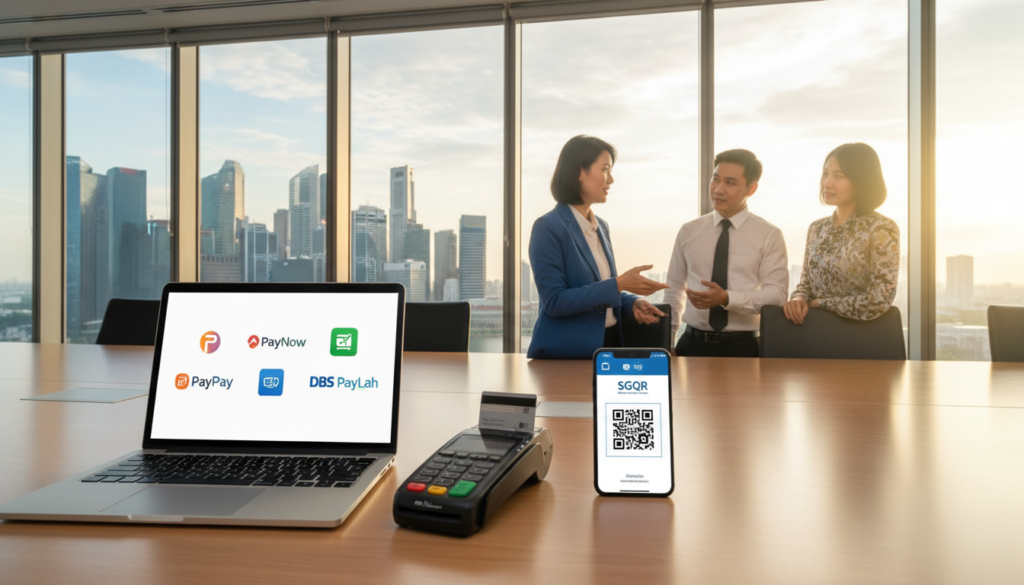 A photorealistic image illustrating various payment methods popular in Singapore, designed for remote businesses. In the foreground, depict a stylish table with gadgets: a laptop displaying e-wallet apps, a contactless payment terminal, and a smartphone showing a QR code. In the middle ground, include a diverse group of professional individuals dressed in business attire engaged in discussion over the payment methods. The background should feature a modern office setting with large windows overlooking the Singapore skyline. Soft, natural lighting illuminates the scene, creating a warm and inviting atmosphere. Use a slightly elevated perspective to capture the dynamic interaction between the individuals and the technology, emphasizing the integration of payment solutions in a global business context. A photorealistic image illustrating various payment methods popular in Singapore, designed for remote businesses. In the foreground, depict a stylish table with gadgets: a laptop displaying e-wallet apps, a contactless payment terminal, and a smartphone showing a QR code. In the middle ground, include a diverse group of professional individuals dressed in business attire engaged in discussion over the payment methods. The background should feature a modern office setting with large windows overlooking the Singapore skyline. Soft, natural lighting illuminates the scene, creating a warm and inviting atmosphere. Use a slightly elevated perspective to capture the dynamic interaction between the individuals and the technology, emphasizing the integration of payment solutions in a global business context.