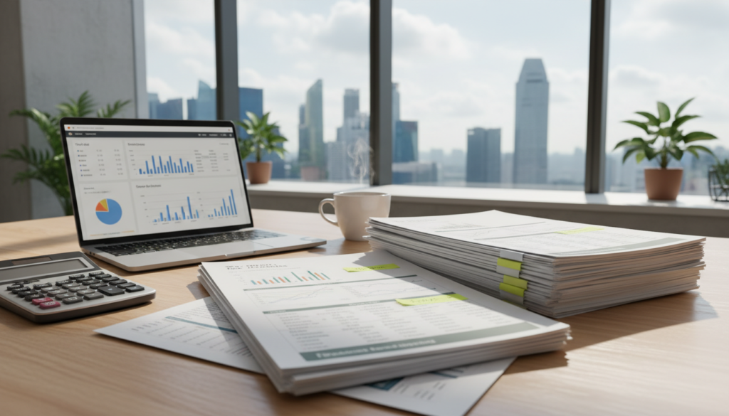 A photorealistic image of a modern office workspace featuring neatly arranged tax-ready reports on a sleek wooden desk. In the foreground, focus on a detailed stack of organized documents, showcasing graphs and financial summaries with marked sections. In the middle, include a laptop displaying a financial dashboard, along with a stylish calculator and a cup of coffee. The background should reveal a large window with natural light pouring in, illuminating indoor plants and a cityscape of Singapore, giving a sense of professionalism and focus. The scene conveys a productive and efficient atmosphere, ideal for a business context, with soft lighting highlighting the paperwork and tools, creating a warm and inviting ambiance. A photorealistic image of a modern office workspace featuring neatly arranged tax-ready reports on a sleek wooden desk. In the foreground, focus on a detailed stack of organized documents, showcasing graphs and financial summaries with marked sections. In the middle, include a laptop displaying a financial dashboard, along with a stylish calculator and a cup of coffee. The background should reveal a large window with natural light pouring in, illuminating indoor plants and a cityscape of Singapore, giving a sense of professionalism and focus. The scene conveys a productive and efficient atmosphere, ideal for a business context, with soft lighting highlighting the paperwork and tools, creating a warm and inviting ambiance.