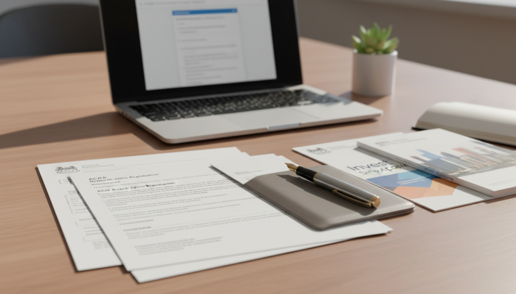A photorealistic image of a neatly arranged set of documents on a sleek wooden desk. In the foreground, focus on several papers, including forms, charts, and brochures relevant to registering a branch office in Singapore. An elegant pen lies beside them, adding a professional touch. In the middle background, a laptop displays a blurred registration website, while a small potted plant adds a touch of greenery. The lighting is soft and warm, illuminating the documents and creating inviting shadows. A shallow depth of field emphasizes the papers, giving a sense of depth and professionalism. The atmosphere is calm and focused, evoking a serious yet approachable environment for business registration.