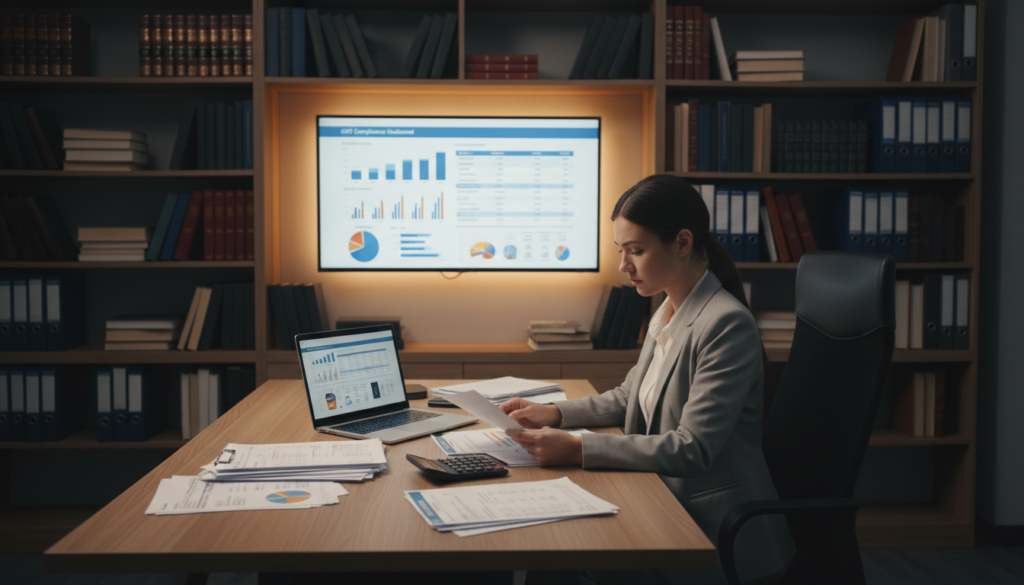 A photorealistic image of a professional office setting depicting GST quarterly filing procedures. In the foreground, a focused businesswoman dressed in professional attire analyzes documents on a sleek desk filled with financial papers, a laptop, and a calculator, highlighting her attention to detail. The middle ground features a large digital screen displaying graphs and charts related to GST compliance, illuminated by soft, ambient lighting that creates a warm yet serious mood. In the background, shelves filled with legal and financial books enhance the scholarly atmosphere. The angle is slightly elevated, capturing both the subject and the working environment to convey a sense of diligence and responsibility in maintaining compliance.