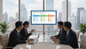 A photorealistic image showcasing a professional business environment focused on QuickBooks Online subscription selection. In the foreground, a diverse group of business professionals, dressed in smart business attire, are gathered around a sleek conference table with laptops open, displaying the QuickBooks interface. In the middle ground, a large digital screen shows a visual comparison of different QuickBooks subscription tiers with appealing graphics. The background features a modern office space with large windows allowing natural light to flood in, casting soft shadows. The atmosphere is collaborative and focused, highlighting decision-making and strategic planning. The overall lighting is bright yet warm, creating an inviting and productive setting.