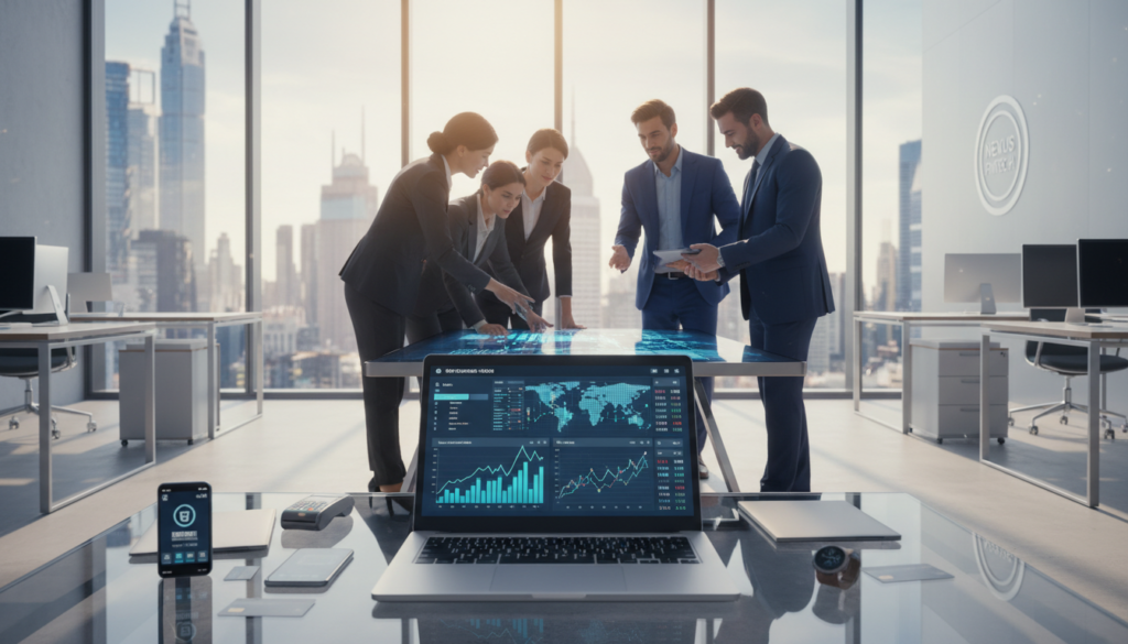 A photorealistic image showcasing the concept of digital banking and fintech. In the foreground, a sleek laptop displaying a digital banking interface with graphs and financial data on the screen, surrounded by various financial tech gadgets like a smartphone and a smartwatch. In the middle ground, a diverse group of professionals dressed in smart business attire discussing financial strategies, with their focused expressions showcasing collaboration and innovation. The background features a modern office space with large windows, allowing natural light to pour in, enhancing the tech-savvy atmosphere. The scene is designed to convey a dynamic and professional mood, representing the evolution of finance through digital means and the modern banking landscape. A photorealistic image showcasing the concept of digital banking and fintech. In the foreground, a sleek laptop displaying a digital banking interface with graphs and financial data on the screen, surrounded by various financial tech gadgets like a smartphone and a smartwatch. In the middle ground, a diverse group of professionals dressed in smart business attire discussing financial strategies, with their focused expressions showcasing collaboration and innovation. The background features a modern office space with large windows, allowing natural light to pour in, enhancing the tech-savvy atmosphere. The scene is designed to convey a dynamic and professional mood, representing the evolution of finance through digital means and the modern banking landscape.