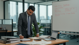 A photorealistic office environment focused on compliance financial statements. In the foreground, a meticulously organized desk features neatly stacked financial documents, a calculator, and a laptop with an open spreadsheet displaying financial figures. A well-dressed finance professional, a South Asian man in a tailored suit, is intently reviewing the papers, adding notes. In the middle, a large whiteboard showcases handwritten compliance notes and ACRA filing reminders. The background reveals a modern office space with glass walls, plants, and a city view through the windows, allowing natural light to flood the room. The atmosphere is serious yet professional, conveying diligence and attention to detail in compliance and reporting.
