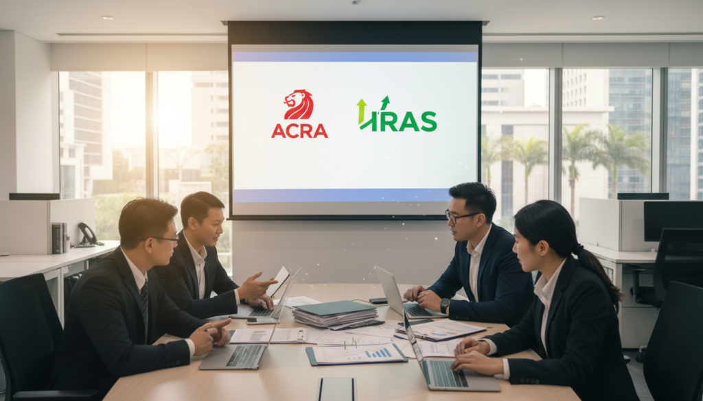 A photorealistic office environment showcasing the annual return filing process in Singapore. In the foreground, a diverse group of professionals dressed in business attire are gathered around a sleek conference table strewn with documents, laptops, and a tablet displaying financial graphs. The middle ground features a large projector screen displaying the logos of ACRA and IRAS, symbolizing the regulatory bodies overseeing the filings. The background should depict a modern office space with large windows letting in soft, natural light, creating a warm and inviting atmosphere. The overall mood is one of professionalism and collaboration, emphasizing the importance of regulatory compliance in business operations.