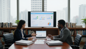A photorealistic office scene depicting data validation in a corporate setting. In the foreground, a diverse group of three professionals—two men and one woman—are engaged in a discussion around a sleek conference table cluttered with documents and a laptop displaying data charts. They are dressed in smart business attire, conveying focus and professionalism. In the middle ground, a digital screen displays visual graphs and compliance checklists, illuminated by soft, natural lighting streaming through large windows. The background features shelves filled with compliance and corporate governance books, emphasizing the subject of corporate health checks. The overall atmosphere communicates diligence and a commitment to thoroughness, with a clean, organized workspace that inspires confidence in corporate compliance practices.