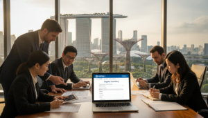 A photorealistic office scene focused on a professional business registration process in Singapore. In the foreground, a diverse group of business professionals in smart business attire is gathered around a sleek, modern table, looking at documents and digital devices. The middle section features a close-up of an open laptop displaying the ACRA website, with the words "Register Subsidiary" visible on the screen. In the background, large windows provide a view of Singapore's iconic skyline with the Marina Bay Sands and Gardens by the Bay, bathed in warm, natural light. The atmosphere conveys a sense of collaboration and professionalism, with soft shadows and focused lighting highlighting the individuals engaged in discussion.