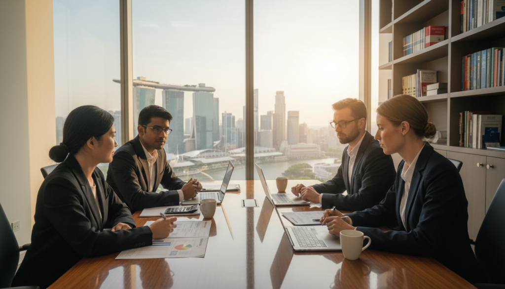 A photorealistic office scene focused on tax filing obligations with the IRAS. In the foreground, a diverse group of three professionals in business attire are engaged in discussion, with laptops and financial reports spread out on a polished wooden table. The middle ground features a large window letting in natural light, revealing a view of Singapore’s skyline. In the background, a sleek bookshelf displays financial regulations and tax guides, subtly hinting at the topic. The mood is serious yet collaborative, emphasizing diligence and professionalism in fulfilling tax responsibilities. The lighting is bright and warm, casting soft shadows to enhance the focus on the team’s engagement with their work.