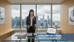 A photorealistic office scene illustrating the concept of "deemed remittance" in foreign income tax treatment for a Singapore company. In the foreground, a professional-looking Asian woman in business attire stands by a modern glass desk filled with financial documents and a laptop displaying graphs and numbers. In the middle ground, a large window reveals a panoramic view of Singapore's skyline, with iconic buildings and greenery. The background showcases a sleek, minimalistic office decor with soft ambient lighting that creates a serious yet focused atmosphere. The image captures the essence of international finance and taxation, emphasizing professionalism and clarity. The angle is from a slightly elevated perspective, giving a comprehensive view of the workspace and enhancing the depth.