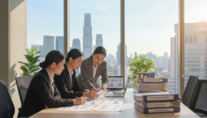 A photorealistic office scene showcasing a comprehensive transfer pricing documentation process. In the foreground, a diverse group of three professionals—two women and one man—dressed in smart business attire, collaboratively reviewing detailed financial reports and charts on a conference table. The middle layer consists of neatly stacked files and documents labeled "Transfer Pricing" and "IRAS Compliance," with a laptop open displaying spreadsheets and graphs. In the background, large windows let in natural light, illuminating a modern office environment with potted plants and a city skyline view. The mood is focused and professional, emphasizing diligence and preparation, while the overall composition conveys an atmosphere of teamwork and expertise in financial regulations.