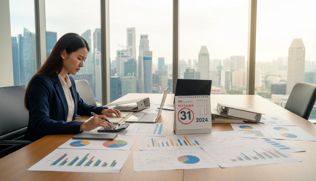 A photorealistic office setting during the financial year-end, showcasing a modern workspace. In the foreground, a professional woman in business attire is engaged in meticulous work, surrounded by financial documents, a laptop, and a calculator. In the middle, a large wooden table is covered with colorful charts, graphs, and a decorative financial calendar displaying the year-end date prominently. The background features large windows allowing natural light to flood the room, illuminating a sleek cityscape of Singapore. The atmosphere conveys focus and diligence, emphasizing the importance of organization during the annual filing period. Soft shadows enhance the depth, while a shallow depth of field directs attention to the woman’s concentrated expression and the dynamic financial materials around her.