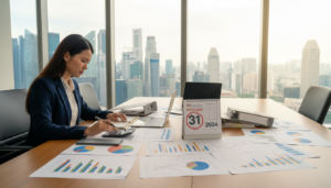 A photorealistic office setting during the financial year-end, showcasing a modern workspace. In the foreground, a professional woman in business attire is engaged in meticulous work, surrounded by financial documents, a laptop, and a calculator. In the middle, a large wooden table is covered with colorful charts, graphs, and a decorative financial calendar displaying the year-end date prominently. The background features large windows allowing natural light to flood the room, illuminating a sleek cityscape of Singapore. The atmosphere conveys focus and diligence, emphasizing the importance of organization during the annual filing period. Soft shadows enhance the depth, while a shallow depth of field directs attention to the woman’s concentrated expression and the dynamic financial materials around her.