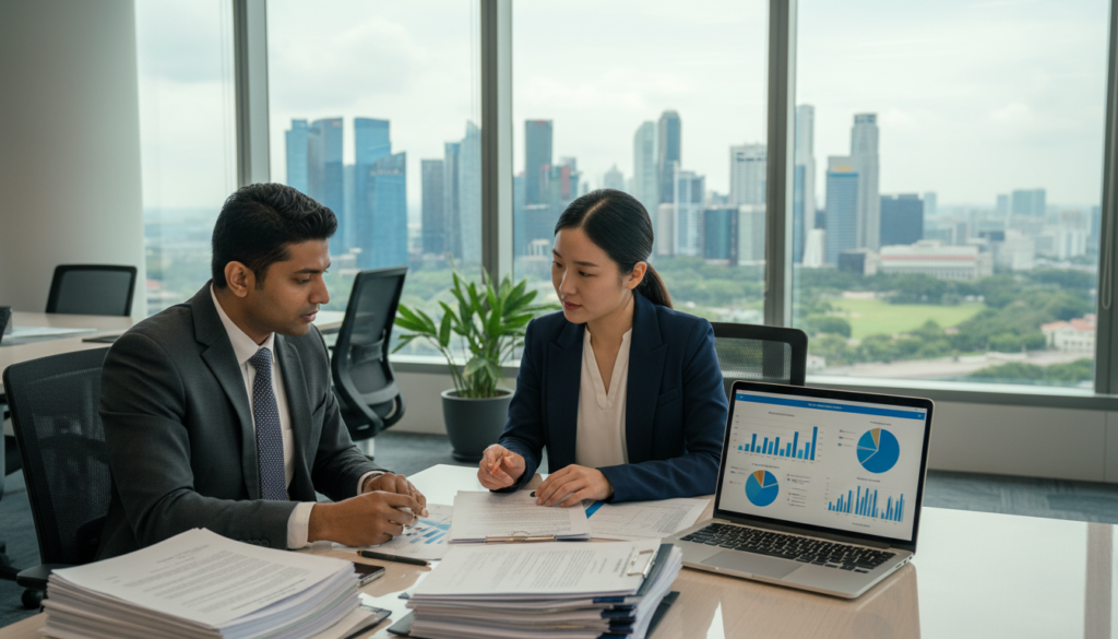 A photorealistic office setting featuring two diverse foreign founders discussing a shareholder agreement. In the foreground, a well-dressed man of Indian descent and a woman of Chinese descent, both in professional business attire, are seated at a sleek glass table covered with legal documents and a laptop displaying charts and graphs. The middle ground showcases a modern office space with large windows, allowing natural light to flood the room, casting soft shadows. In the background, a panoramic view of Singapore’s skyline with iconic skyscrapers and greenery adds depth. The atmosphere is focused and professional, conveying the seriousness of cross-border business discussions, with an emphasis on collaboration and strategic planning. A photorealistic office setting featuring two diverse foreign founders discussing a shareholder agreement. In the foreground, a well-dressed man of Indian descent and a woman of Chinese descent, both in professional business attire, are seated at a sleek glass table covered with legal documents and a laptop displaying charts and graphs. The middle ground showcases a modern office space with large windows, allowing natural light to flood the room, casting soft shadows. In the background, a panoramic view of Singapore’s skyline with iconic skyscrapers and greenery adds depth. The atmosphere is focused and professional, conveying the seriousness of cross-border business discussions, with an emphasis on collaboration and strategic planning.