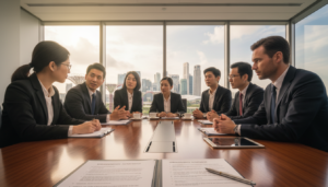 A photorealistic office setting in Singapore, featuring a polished wooden conference table surrounded by diverse business professionals dressed in smart business attire engaged in a discussion about a shareholders agreement. The foreground includes a close-up of important documents, detailing a shareholders agreement with visible bullet points and a stylus pen. In the middle, professionals of varying ethnicities share ideas, with expressions of focus and collaboration. The background showcases a view of Singapore’s iconic skyline through large glass windows, with soft, natural light flooding the room, creating a professional and inspiring atmosphere. The overall mood is serious and collaborative, capturing the essence of business decisions.