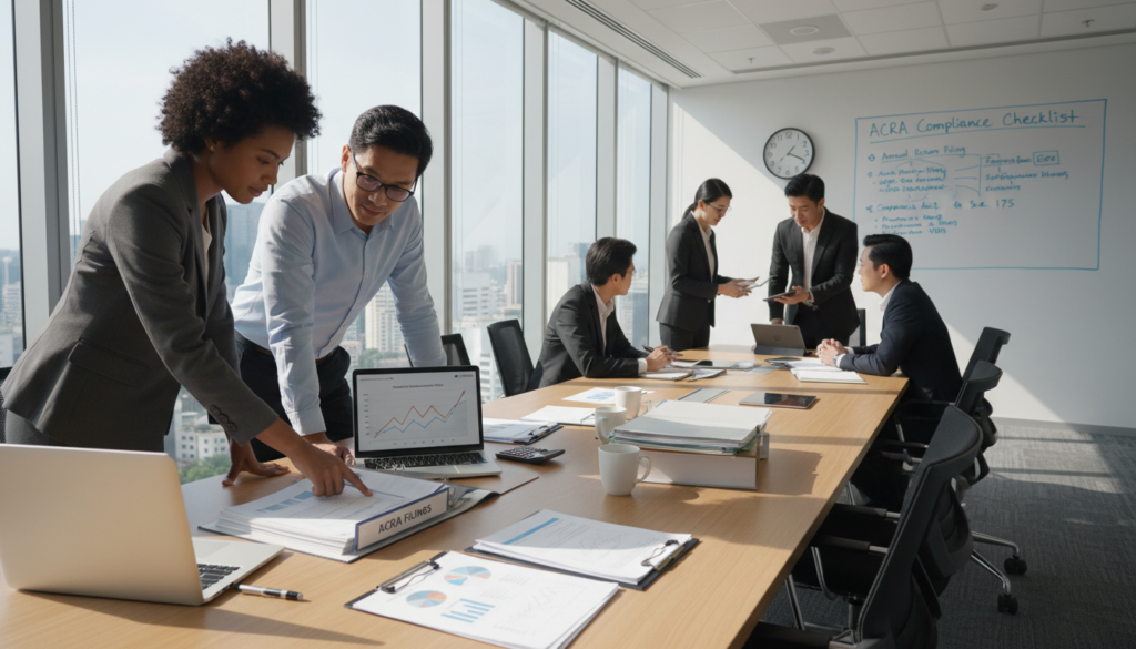 A photorealistic office setting showcasing a diverse team of business professionals reviewing documents related to ACRA accounting requirements. In the foreground, two individuals in professional business attire are engaged in discussion, surrounded by open folders, financial reports, and a laptop displaying financial graphs. The middle layer features a large conference table with scattered documents, a clock on the wall indicating a busy workday, and natural light streaming in through floor-to-ceiling windows, casting soft shadows. In the background, a whiteboard displays key compliance points and flowcharts related to the Companies Act. The overall mood is focused and collaborative, emphasizing diligence in compliance responsibilities. A photorealistic office setting showcasing a diverse team of business professionals reviewing documents related to ACRA accounting requirements. In the foreground, two individuals in professional business attire are engaged in discussion, surrounded by open folders, financial reports, and a laptop displaying financial graphs. The middle layer features a large conference table with scattered documents, a clock on the wall indicating a busy workday, and natural light streaming in through floor-to-ceiling windows, casting soft shadows. In the background, a whiteboard displays key compliance points and flowcharts related to the Companies Act. The overall mood is focused and collaborative, emphasizing diligence in compliance responsibilities.