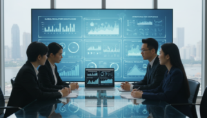 A photorealistic representation of a modern banking financial services environment focusing on risk controls and compliance. In the foreground, a diverse group of three professionals in smart business attire are engaged in a discussion around a sleek glass table, with a laptop displaying financial graphs and risk assessment tools. In the middle ground, a large digital screen shows real-time compliance metrics and risk analytics, illuminated by soft blue and green lighting. The background features a contemporary office space with large windows letting in natural light, showcasing a city skyline. The atmosphere is serious yet collaborative, highlighting a commitment to financial integrity and operational efficiency.