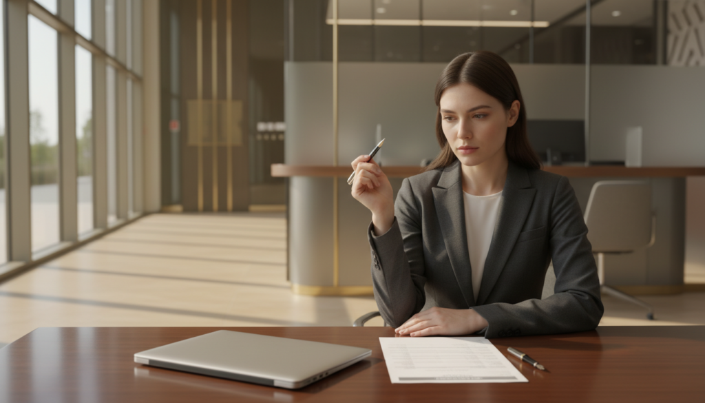 A photorealistic scene capturing a bank account closure perspective. In the foreground, a neatly organized desk features a closed laptop and a bank statement with various account details partially visible, suggesting closure. In the middle ground, a professional individual, dressed in business attire, sits thoughtfully with a pen in hand, looking at the documents. The background showcases a soft-focus view of a modern bank interior with glass barriers and subtle lighting. Warm, ambient light filters through large windows, creating a calm atmosphere. The overall mood is reflective, emphasizing the seriousness of account management and closure, while ensuring the absence of any distractions or text.