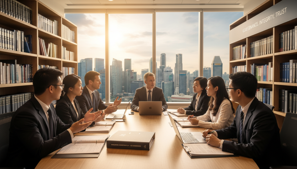 A photorealistic scene capturing a corporate office environment reflecting Singapore's financial reporting landscape. In the foreground, a diverse group of professionals in business attire are engaged in a collaborative discussion around a conference table covered with financial documents and reports. The middle ground features a large window showcasing Singapore's skyline, with modern skyscrapers casting soft natural light across the room. In the background, bookshelves filled with legal texts and financial regulations create an organized and academic atmosphere. Overall, the mood is focused and serious, emphasizing the importance of compliance with Singapore's Companies Act in corporate governance and audit processes. The lighting is bright yet warm, accentuating the professionalism of the setting.