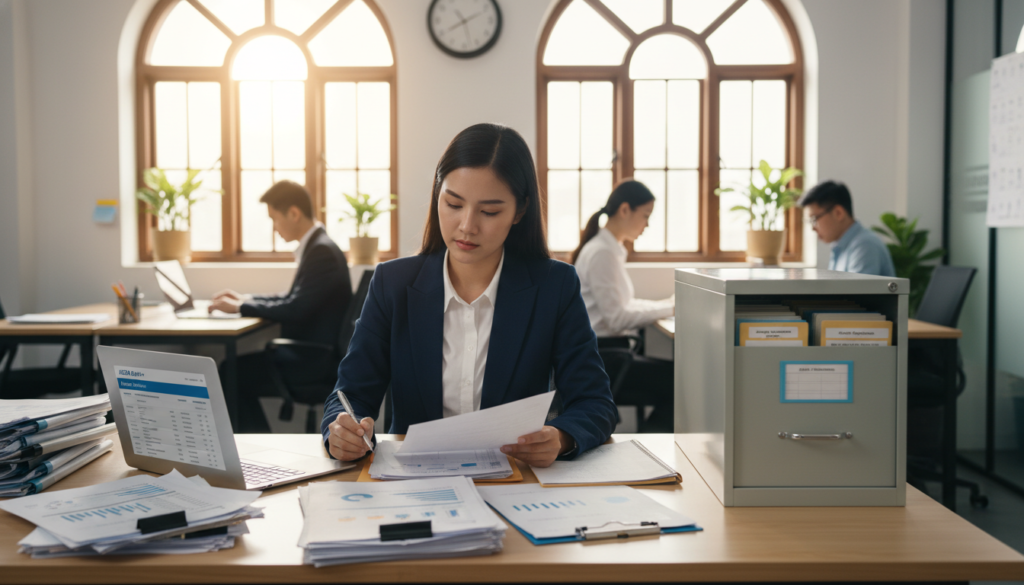 A photorealistic scene depicting a busy office environment focused on ACRA filings and statutory submissions. In the foreground, an organized desk cluttered with neatly stacked documents, forms, and a laptop displaying a digital filing interface. A professional-looking individual in business attire is reviewing papers, with a focused expression and a pen in hand, signifying the management of important filings. In the middle, an open filing cabinet reveals labeled folders containing statutory documents, emphasizing organization. In the background, soft natural light filters through large windows, creating a warm atmosphere. The overall mood conveys diligence and professionalism, highlighting the essential role of corporate secretaries in managing compliance. A photorealistic scene depicting a busy office environment focused on ACRA filings and statutory submissions. In the foreground, an organized desk cluttered with neatly stacked documents, forms, and a laptop displaying a digital filing interface. A professional-looking individual in business attire is reviewing papers, with a focused expression and a pen in hand, signifying the management of important filings. In the middle, an open filing cabinet reveals labeled folders containing statutory documents, emphasizing organization. In the background, soft natural light filters through large windows, creating a warm atmosphere. The overall mood conveys diligence and professionalism, highlighting the essential role of corporate secretaries in managing compliance.