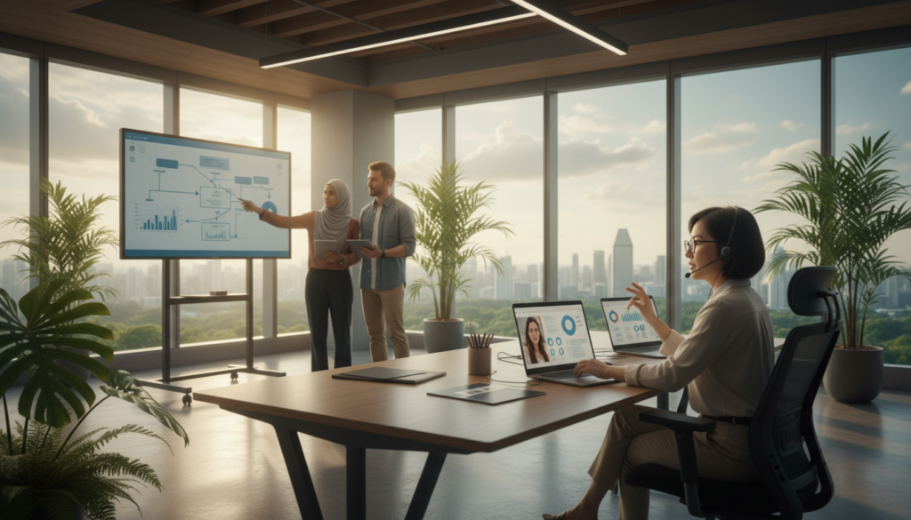 A photorealistic scene depicting a diverse group of focused professionals engaged in remote team management within a modern Singapore startup office. In the foreground, a middle-aged Asian woman leads a video conference call, while a young South Asian man analyzes data on his laptop. In the middle ground, a multicultural group of team members interacts via screens, collaborating on digital whiteboards, representing communication and teamwork. The background features a sleek, contemporary office design, with plants and city views through large windows, creating an inspiring atmosphere. Soft, natural lighting fills the space, giving a warm and productive feel. The image should embody professionalism and collaboration in a startup context.