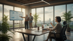 A photorealistic scene depicting a diverse group of focused professionals engaged in remote team management within a modern Singapore startup office. In the foreground, a middle-aged Asian woman leads a video conference call, while a young South Asian man analyzes data on his laptop. In the middle ground, a multicultural group of team members interacts via screens, collaborating on digital whiteboards, representing communication and teamwork. The background features a sleek, contemporary office design, with plants and city views through large windows, creating an inspiring atmosphere. Soft, natural lighting fills the space, giving a warm and productive feel. The image should embody professionalism and collaboration in a startup context.