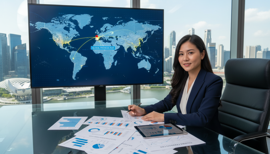 A photorealistic scene depicting a modern corporate office environment focused on cross-border income and transactions. In the foreground, a confident Asian businesswoman in professional attire reviews financial documents on a sleek glass desk, surrounded by graphs and charts illustrating income streams from various countries. In the middle, a large digital screen displays a world map with highlighted regions representing key international markets, emphasizing Singapore’s strategic position. The background features a panoramic cityscape of Singapore with iconic skyscrapers, under a bright and professional lighting atmosphere that suggests clarity and ambition. The mood is focused and progressive, reflecting the complexities and opportunities of corporate tax planning. Capture this scene from a slightly elevated angle to provide depth and context to both the subject and surroundings. A photorealistic scene depicting a modern corporate office environment focused on cross-border income and transactions. In the foreground, a confident Asian businesswoman in professional attire reviews financial documents on a sleek glass desk, surrounded by graphs and charts illustrating income streams from various countries. In the middle, a large digital screen displays a world map with highlighted regions representing key international markets, emphasizing Singapore’s strategic position. The background features a panoramic cityscape of Singapore with iconic skyscrapers, under a bright and professional lighting atmosphere that suggests clarity and ambition. The mood is focused and progressive, reflecting the complexities and opportunities of corporate tax planning. Capture this scene from a slightly elevated angle to provide depth and context to both the subject and surroundings.