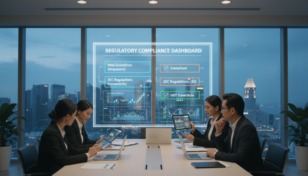 A photorealistic scene depicting a modern corporate office environment focused on regulatory compliance for cryptocurrency businesses. In the foreground, a diverse group of three professionals in business attire—two women and one man—analyze digital documents on a sleek conference table, showcasing graphs and compliance checklists on tablets and laptops. The middle ground features a large screen displaying a compliance dashboard with key regulations highlighted. In the background, tall glass windows provide a skyline view of Singapore, with subtle city lights shimmering. Soft, natural lighting illuminates the space, creating a serious yet hopeful atmosphere, accentuated by a clear blue sky visible outside. Capture the seriousness of the regulatory theme while maintaining a professional, confident mood.