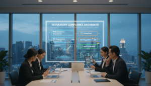 A photorealistic scene depicting a modern corporate office environment focused on regulatory compliance for cryptocurrency businesses. In the foreground, a diverse group of three professionals in business attire—two women and one man—analyze digital documents on a sleek conference table, showcasing graphs and compliance checklists on tablets and laptops. The middle ground features a large screen displaying a compliance dashboard with key regulations highlighted. In the background, tall glass windows provide a skyline view of Singapore, with subtle city lights shimmering. Soft, natural lighting illuminates the space, creating a serious yet hopeful atmosphere, accentuated by a clear blue sky visible outside. Capture the seriousness of the regulatory theme while maintaining a professional, confident mood.