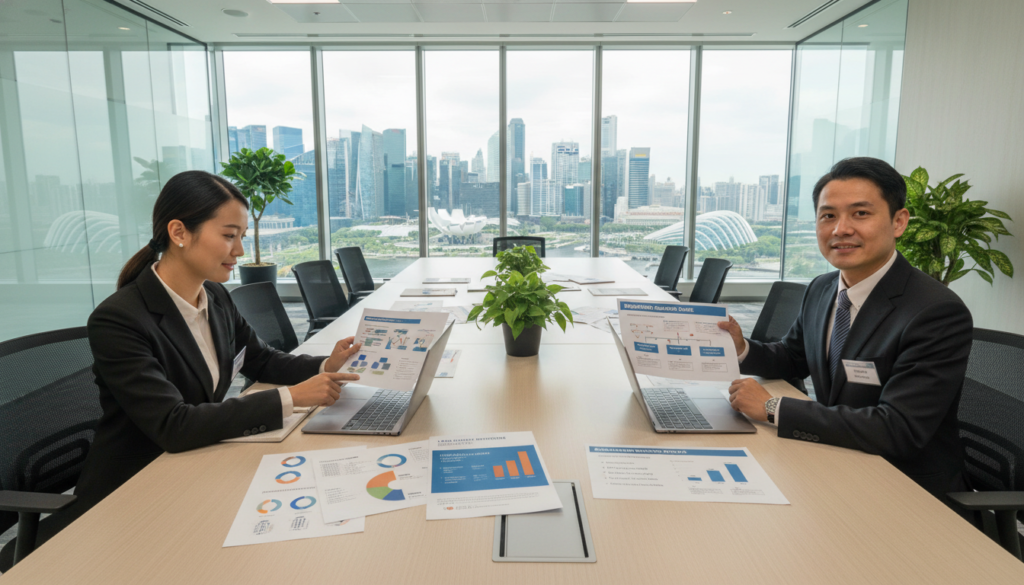 A photorealistic scene depicting a modern office environment in Singapore, showcasing a clear contrast between a subsidiary and a branch office. In the foreground, two professional businesspeople in smart attire—one representing the subsidiary and the other representing the branch office—engaged in a discussion over a laptop and documents. The middle ground features an elegant conference table surrounded by office paraphernalia, such as business charts and colorful brochures highlighting the differences between both entities. In the background, expansive windows reveal the iconic Singapore skyline bathed in natural daylight, creating a bright and inviting atmosphere. The overall mood conveys professionalism, collaboration, and the dynamic nature of international business operations in Singapore.