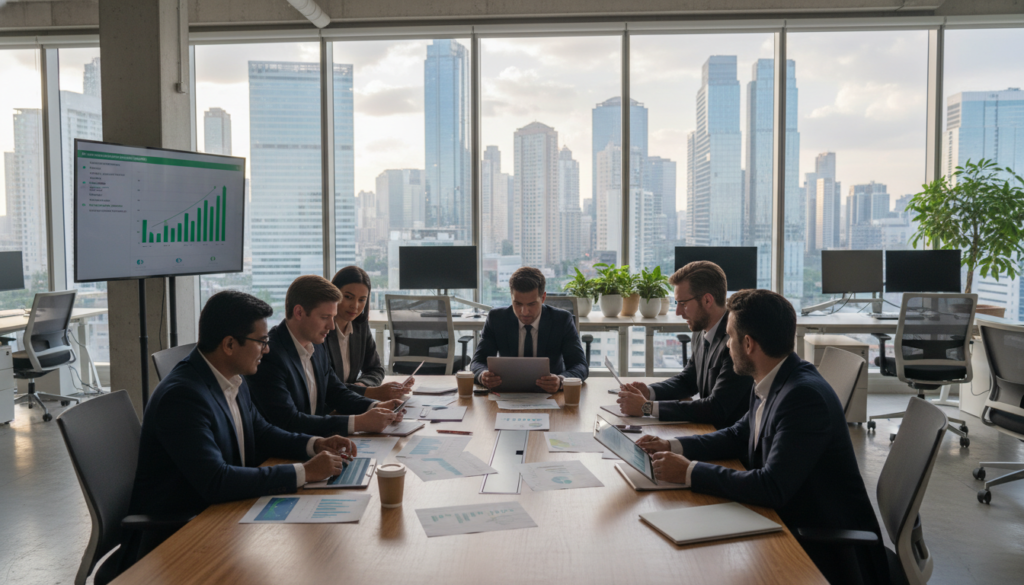 A photorealistic scene depicting a modern office environment representing the concept of "financial year." In the foreground, a group of diverse professionals in professional business attire engaged in a discussion over financial reports and charts on a large conference table, displaying graphs with upward trends. In the middle ground, large windows let in natural light, illuminating the contemporary workspace, with sleek furniture and digital screens showing financial data. In the background, a city skyline visible through the glass reflects the dynamism of new companies. The atmosphere is professional and focused, evoking a sense of determination and progress, symbolizing the financial year and audit exemption criteria for new companies. Bright, soft lighting enhances the clarity of the scene.