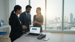 A photorealistic scene depicting a modern, sleek office environment focused on payment processing. In the foreground, a diverse group of three business professionals of varying ethnicities are engaged in a discussion, showcasing a laptop displaying a payment processing dashboard. They are dressed in professional business attire, conveying a sense of collaboration. The middle ground features a stylish credit card reader and a smartphone, symbolizing both online and in-person payment methods. The background reveals large windows with a view of Singapore’s skyline, bathed in bright, natural light that enhances the atmosphere of innovation and efficiency. The overall mood is one of professionalism and excitement, illustrating the ease of setting up payment processing solutions.