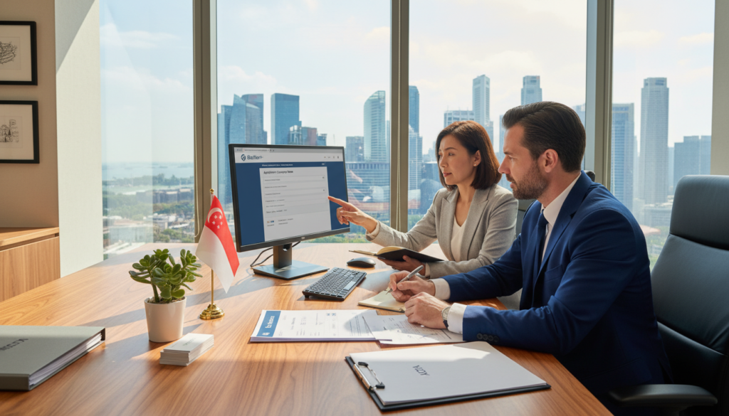 A photorealistic scene depicting a professional office environment where a business consultant is assisting a client in filling out an ACRA name application for a Singapore branch office. In the foreground, the consultant, dressed in a smart business attire, is pointing at a computer screen displaying the ACRA application form on the official BizFile+ platform. The client, also attired professionally, appears engaged and taking notes. In the middle ground, there are documents scattered on the desk, along with a Singapore flag and a small succulent plant for a touch of freshness. The background features a modern office space with large windows showcasing a skyline of Singapore's iconic buildings. Soft, natural lighting streams through the windows, casting gentle shadows and creating a focused and productive atmosphere.