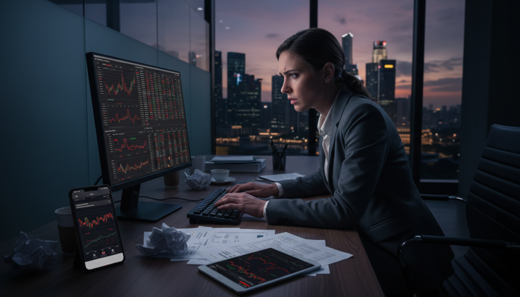 A photorealistic scene depicting a tense moment of suspicious activity in a modern office environment. In the foreground, a business professional, dressed in formal attire, is intently peering at a computer screen, highlighting their discomfort. Their expression shows concern and focus, with fingers poised above the keyboard. In the middle, scattered papers and a smartphone, with graphs suggesting unusual account activity, hint at the gravity of the situation. The background features a sleek, contemporary office with dim, moody lighting, casting shadows across the room, creating a sense of unease. A large window shows the Singapore skyline at dusk, enhancing the atmosphere of urgency and tension. The overall mood is one of suspense and apprehension, capturing the essence of unforeseen financial issues.
