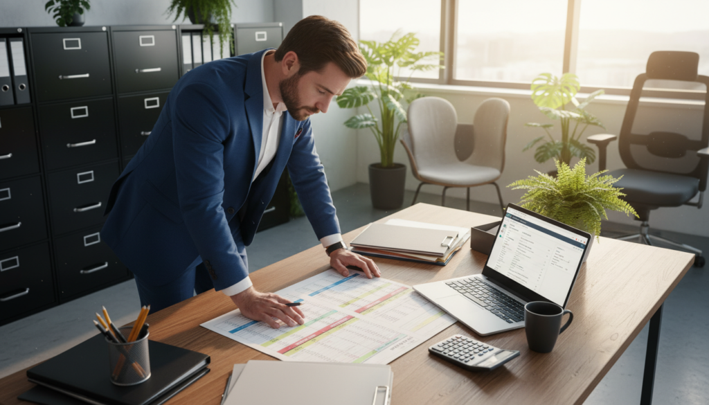 A photorealistic scene depicting an accountant's workspace focused on GST tracking. In the foreground, a well-dressed professional, wearing business attire, analyzes financial documents on a sleek wooden desk adorned with spreadsheets, a laptop displaying QuickBooks, and a calculator. The middle ground features a backdrop of a modern office environment, complete with potted plants and filing cabinets. Soft, natural daylight streams through large windows, casting a warm glow on the workspace. The atmosphere is productive and focused, symbolizing meticulous organization and precision in tax compliance workflows. The angle is slightly overhead, capturing both the details of the desk and the overall office ambiance while maintaining clarity and professionalism.