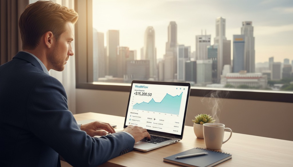 A photorealistic scene depicting an online banking account activity interface on a sleek laptop. In the foreground, the laptop screen displays a user-friendly online banking dashboard with graphs and transaction lists, symbolizing financial health. A professional individual in business attire, seated at a modern desk, is focused on the screen, their expression indicating concentration and responsibility. The middle layer includes stylish office decor: a potted plant, a notepad, and a coffee mug, creating a productive atmosphere. In the background, a well-lit window offers a view of Singapore's skyline, hinting at the location's modernity. The lighting is warm and inviting, enhancing the professional mood of the workspace. The image conveys a sense of diligence and proactive financial management, aligning with the theme of maintaining a bank account.