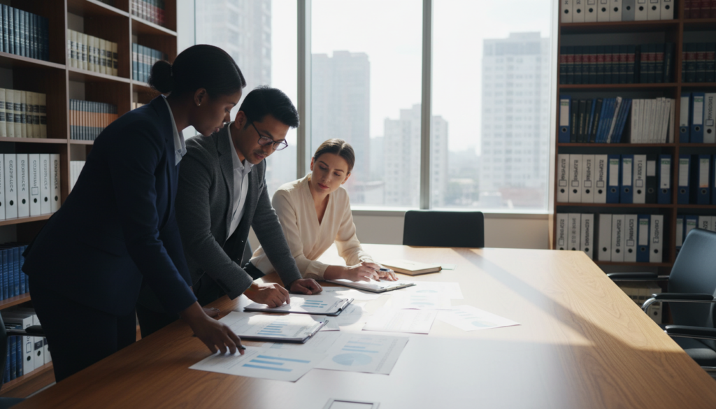 A photorealistic scene illustrating the concept of due diligence in a corporate setting. In the foreground, a diverse group of three business professionals in formal attire gather around a large conference table, analyzing detailed financial documents and graphs. The middle ground features a modern office environment with a large window letting in natural light, casting soft shadows. In the background, shelves filled with legal books and compliance binders emphasize regulatory diligence. The atmosphere is serious yet collaborative, highlighting an enterprise risk assessment meeting. The lighting is bright and clear, focusing on the professionals engaged in discussion, captured at a slightly elevated angle to provide a dynamic view of the scene.